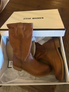 Steve Madden Chestnut Brown Leather Mid-Calf Pull-On Boots